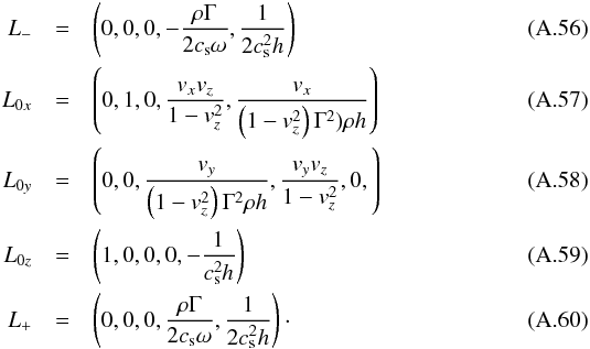 \appendix \setcounter{section}{1} \begin{eqnarray} \label{eq:left_eigen} L_-&=&\left(0,0,0, -\frac{\rho \Gamma}{2 c_{\rm s} \omega}, \frac{1}{2 c_{\rm s}^2 h}\right)\\ L_{0x}&=& \left(0, 1,0, \frac{v_xv_z}{1-v_z^2},\frac{v_x}{\left(1-v_z^2\right)\Gamma^2)\rho h}\right)\\ L_{0y}&=& \left(0,0, \frac{v_y}{\left(1-v_z^2\right)\Gamma^2\rho h},\frac{v_yv_z}{1-v_z^2},0,\right)\\ L_{0z}&=& \left(1, 0,0 ,0 ,-\frac{1}{c_{\rm s}^2h}\right)\\ L_+&=&\left(0,0,0, \frac{\rho \Gamma}{2 c_{\rm s} \omega}, \frac{1}{2 c_{\rm s}^2 h}\right)\cdot \end{eqnarray}