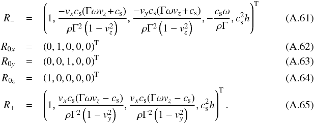 \appendix \setcounter{section}{1} \begin{eqnarray} \label{eq:right_eigen} R_-&=&\left(1, \frac{-v_x c_{\rm s}(\Gamma\omega v_z\! +\! c_{\rm s}) }{\rho \Gamma^2\left(1-v_z^2\right)} , \frac{-v_y c_{\rm s}(\Gamma\omega v_z\! +\! c_{\rm s}) }{\rho \Gamma^2\left(1-v_z^2\right)} ,-\frac{c_{\rm s}\omega}{\rho \Gamma}, c_{\rm s}^2h\right)^{\rm T}~~~~~~~~~~~~~~~~~~~~\\ R_{0x}&=&\left(0,1,0,0,0\right)^{\rm T}\\ R_{0y}&=&\left(0,0,1,0,0\right)^{\rm T}\\ R_{0z}&=&\left(1,0,0,0,0\right)^{\rm T}\\ R_+&=&\left(1,\frac{v_x c_{\rm s}(\Gamma\omega v_z-c_{\rm s}) }{\rho \Gamma^2\left(1-v_y^2\right)} ,\frac{v_x c_{\rm s}(\Gamma\omega v_z-c_{\rm s}) }{\rho \Gamma^2\left(1-v_y^2\right)} , c_{\rm s}^2h\right)^{\rm T}. \end{eqnarray}