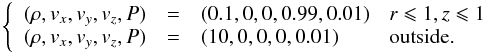 \appendix \setcounter{section}{2} \begin{eqnarray*} \left\{ \begin{array}{llll} (\rho,v_x, v_y, v_z ,P) &=& (0.1,0,0,0.99,0.01) & r\leqslant 1, z\leqslant 1 \\ (\rho,v_x,v_y,v_z ,P) &=& (10,0,0,0,0.01) & \mbox{outside.} \\ \end{array} \right. \end{eqnarray*}