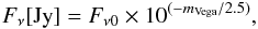 \begin{eqnarray} F_\nu [{\rm Jy}] = F_{\nu0}\times10^{(-m_{\mathrm{Vega}}/2.5)}, \end{eqnarray}