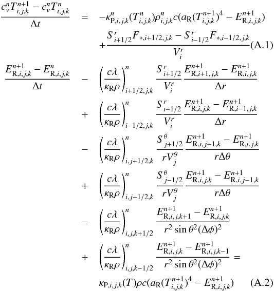 \appendix \setcounter{section}{1} \begin{eqnarray} \frac{c_v^n T_{i,j,k}^{n+1} - c_v^n T_{i,j,k}^{n}}{\Delta t} &=& - \kappa_{{\rm P},i,j,k}^n(T_{i,j,k}^n) \rho_{i,j,k}^n c (a_{\rm R} (T_{i,j,k}^{n+1})^4 - E_{{\rm R},i,j,k}^{n+1} )\notag\\ &&+ \frac{S^r_{i+1/2} F_{*,i+1/2,j,k} - S^r_{i-1/2} F_{*,i-1/2,j,k}}{V_i^r} \\ \frac{E_{{\rm R},i,j,k}^{n+1} - E_{{\rm R},i,j,k}^n}{\Delta t} &-& \left ( \frac{c \lambda}{\kappa_{\rm R} \rho} \right )_{i+1/2,j,k}^n \frac{S^r_{i+1/2}}{V_i^r} \frac{E_{{\rm R},i+1,j,k}^{n+1} - E_{{\rm R},i,j,k}^{n+1} }{\Delta r}\notag\\ &+& \left ( \frac{c \lambda}{\kappa_{\rm R} \rho} \right )_{i-1/2,j,k}^n \frac{S^r_{i-1/2}}{V_i^r} \frac{E_{{\rm R},i,j,k}^{n+1} - E_{{\rm R},i-1,j,k}^{n+1} }{\Delta r}\notag\\ &-& \left (\frac{c \lambda}{\kappa_{\rm R} \rho} \right )_{i,j+1/2,k}^n \frac{S^\theta_{j+1/2}}{r V_j^\theta} \frac{E_{{\rm R},i,j+1,k}^{n+1} - E_{{\rm R},i,j,k}^{n+1} }{r \Delta \theta}\notag\\ & +& \left (\frac{c \lambda}{\kappa_{\rm R} \rho} \right )_{i,j-1/2,k}^n \frac{S^\theta_{j-1/2}}{r V_j^\theta} \frac{E_{{\rm R},i,j,k}^{n+1} - E_{{\rm R},i,j-1,k}^{n+1} }{r \Delta \theta}\notag \\ &-& \left (\frac{c \lambda}{\kappa_{\rm R} \rho} \right )_{i,j,k+1/2}^n \frac{E_{{\rm R},i,j,k+1}^{n+1} - E_{{\rm R},i,j,k}^{n+1} }{r^2 \sin{\theta}^2 (\Delta \phi)^2}\notag\\ & +& \left (\frac{c \lambda}{\kappa_{\rm R} \rho} \right )_{i,j,k-1/2}^n \frac{E_{{\rm R},i,j,k}^{n+1} - E_{{\rm R},i,j,k-1}^{n+1} }{r^2 \sin{\theta}^2 (\Delta \phi)^2}=\notag\\ & &\kappa_{{\rm P},i,j,k}(T) \rho c (a_{\rm R} (T_{i,j,k}^{n+1})^4 - E_{{\rm R},i,j,k}^{n+1} ) \label{eq:RMHDDISC} \end{eqnarray}
