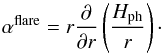\appendix \setcounter{section}{2} \begin{equation} \alpha^{\rm flare} = r \frac{\partial}{\partial r} \left(\frac{H_{\rm ph}}{r} \right) \cdot\label{eq:ALPHA_FLARE} \end{equation}