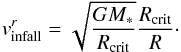\begin{equation} v^{r}_{\rm infall} = \sqrt{\frac{GM_{*}}{R_{\rm crit}}} \frac{R_{\rm crit}}{R}\cdot \label{eqinfall} \end{equation}