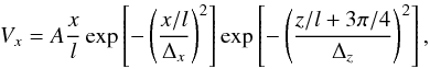 \begin{equation} V_x = A \frac{x}{l} \exp \left[ - \left(\frac{x/l}{\Delta_x}\right)^2\right] \exp \left[ - \left(\frac{z/l+3\pi/4}{\Delta_z}\right)^2\right], \label{saus_pert} \end{equation}