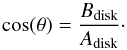 \begin{equation} \cos(\theta) = \frac{B_\textrm{disk}}{A_\textrm{disk}}\cdot \end{equation}