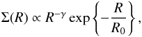 \begin{eqnarray} \Sigma(R) \propto R^{-\gamma}\exp \left\{- \frac{R}{R_0}\right\}, \label{e-hughes} \end{eqnarray}