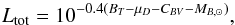 \begin{equation} L_{\rm tot}=10^{-0.4(B_{T}-\mu_{D}-C_{BV}-M_{B,\odot})}, \end{equation}