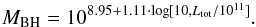 \begin{equation} M_{\rm BH} = 10^{8.95+1.11 \cdot \log[10, L_{\rm tot}/10^{11}]}. \end{equation}