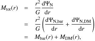 \begin{eqnarray} \label{eq:mass_classical} M_{\rm tot}(r) &=& \frac{r^2}{G} \frac{\mathrm{d} \Psi_{\rm N}}{\mathrm{d}r} \nonumber \\ &=& \frac{r^2}{G} \left( \frac{\mathrm{d} \Psi_{\rm N,bar}}{\mathrm{d}r} + \frac{\mathrm{d} \Psi_{\rm N,DM}}{\mathrm{d}r} \right) \nonumber \\ &=& M_{\rm bar}(r) + M_{\rm DM}(r), \end{eqnarray}
