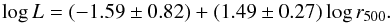 \begin{equation} \log L = (-1.59\pm0.82) + (1.49\pm0.27) \log r_{500}. \end{equation}