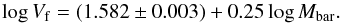 \begin{equation} \log V_{\rm f} = (1.582 \pm 0.003) + 0.25 \log M_{\rm bar}. \end{equation}