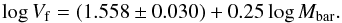 \begin{equation} \log V_{\rm f} = (1.558 \pm 0.030) + 0.25 \log M_{\rm bar}. \end{equation}