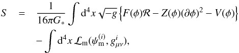 \begin{eqnarray} \label{eq:scal-tens-action} S &=& \frac{1}{16 \pi G_{\ast}} \int {\mathrm{d}}^{4}x \sqrt{-g} \left\{ F(\phi) {\mathcal{R}} - Z(\phi) (\partial \phi)^{2} - V(\phi)\right\} \nonumber \\ &&- \int {\rm d}^{4}x \, {\mathcal{L}}_{\rm m}(\psi_{\rm m}^{(i)}, g_{\mu \nu}^{i}) , \end{eqnarray}