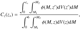 \begin{eqnarray} C_z(z_s) = \frac{\displaystyle \int_0^{z_s} \displaystyle \int_{M_1}^{M_2} \phi(M,z') {\rm d}V(z') {\rm d}M }{\displaystyle\int_0^6 \displaystyle \int_{M_1}^{M_2} \phi(M,z) {\rm d}V(z) {\rm d}M}, \end{eqnarray}