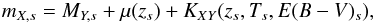 \begin{eqnarray} m_{X,s} = M_{Y,s} +\mu(z_s)+K_{XY}(z_s,T_s,E(B-V)_s), \end{eqnarray}