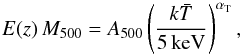 \begin{equation} \label{eq:TvsM} E(z)\, M_{500} = A_{500} \left(\frac{k \bar{T}}{5\,{\rm keV}} \right)^{ \alpha_{\rm T}}, \end{equation}