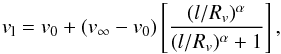 \begin{equation} v_{\mathrm{l}} = v_{0} + (v_{\infty} -v_0)\left[\frac{(l/R_{v})^{\alpha}}{(l/R_{v})^{\alpha}+1}\right], \label{eq:SVvl} \end{equation}