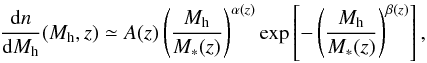 \appendix \setcounter{section}{1} \begin{equation} \frac{{\rm d}n}{{\rm d}M_{\rm h}}(M_{\rm h},z) \simeq A(z)\left(\frac{M_{\rm h}}{M_*(z)}\right)^{\alpha(z)} \exp\left[-\left(\frac{M_{\rm h}}{M_*(z)}\right)^{\beta(z)}\right],\label{eq1app} \end{equation}