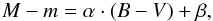 \begin{eqnarray} M-m=\alpha \cdot (B-V)+ \beta, \label{calib-cur} \end{eqnarray}