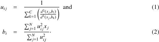 \begin{eqnarray} \label{E:computeU} u_{ij}&=& \frac{1}{\sum_{k=1}^C \left(\frac{d^2(x_j,b_i)}{d^2(x_j,b_k)} \right) } \rm{\ \ and\ } \\ \label{E:computeB} b_i &=&\frac{\sum_{j=1}^N u_{ij}^2 x_j}{\sum_{j=1}^N u_{ij}^2}\cdot \end{eqnarray}