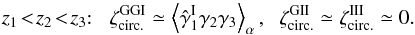 \begin{equation} z_1 \!<\! z_2 \!<\! z_3 {:} \;\;\; \zeta_{\rm circ.}^{\rm GGI} \simeq \left\lag \hat{\gamma}_1^{\rm I} \gamma_2 \gamma_3\right \rag_{\alpha} , \hspace{0.2cm} \zeta_{\rm circ.}^{\rm GII} \simeq \zeta_{\rm circ.}^{\rm III} \simeq 0 . \label{zeta-I-diff} \end{equation}