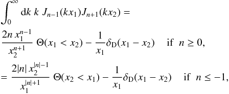 \appendix \setcounter{section}{1} \begin{eqnarray} && \int_0^{\infty} \dd k \; k \; J_{n-1}(k x_1) J_{n+1}(k x_2) = \label{Jn-1Jn+1} \\ && \frac{2n \, x_1^{n-1}}{x_2^{n+1}} \; \Theta(x_1<x_2) - \frac{1}{x_1} \delta_{\rm D}(x_1-x_2) \hspace{0.4cm} \mbox{if} \;\; n \geq 0 , \nonumber \\ && = \frac{2 |n| \, x_2^{|n|-1}}{x_1^{|n|+1}} \; \Theta(x_2<x_1) - \frac{1}{x_1} \delta_{\rm D}(x_1-x_2) \hspace{0.4cm} \mbox{if} \;\; n \leq -1 , \nonumber \end{eqnarray}