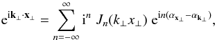 \appendix \setcounter{section}{1} \begin{equation} {\rm e}^{\ii\vk_{\perp}\cdot\vx_{\perp}} = \sum_{n=-\infty}^{\infty} \ii^n \; J_n(k_{\perp} x_{\perp}) \; {\rm e}^{\ii n (\alpha_{\vx_{\perp}}-\alpha_{\vk_{\perp}})} , \label{Jacobi} \end{equation}