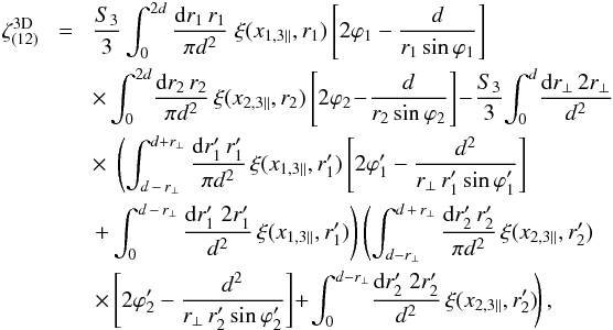 \appendix \setcounter{section}{3} \begin{eqnarray} \zeta_{(12)}^{\rm 3D} & \! = \! & \frac{S_3}{3} \int_0^{2d} \frac{\dd r_1 \, r_1}{\pi d^2} \; \xi(x_{1,3\parallel},r_1) \left[ 2 \varphi_1 - \frac{d}{r_1 \sin\varphi_1} \right] \nonumber \\ && \times \int_0^{2d} \! \frac{\dd r_2 \, r_2}{\pi d^2} \, \xi(x_{2,3\parallel},r_2) \left[ 2 \varphi_2 \!-\! \frac{d}{r_2 \sin\varphi_2} \right] \!-\! \frac{S_3}{3} \! \int_0^d \! \frac{\dd r_{\perp} \, 2r_{\perp}}{d^2} \nonumber \\ && \times \; \left( \int_{d\,-\,r_{\perp}}^{d+r_{\perp}} \frac{\dd r_1' \, r_1'}{\pi d^2} \, \xi(x_{1,3\parallel},r_1') \left[ 2 \varphi_1' - \frac{d^2}{r_{\perp} \, r_1' \sin\varphi_1'} \right] \right. \nonumber \\ && \left. + \int_0^{d\,-\,r_{\perp}} \frac{\dd r_1' \; 2 r_1'}{d^2} \, \xi(x_{1,3\parallel},r_1') \right) \left( \int_{d-r_{\perp}}^{d\,+\,r_{\perp}} \frac{\dd r_2' \, r_2'}{\pi d^2} \, \xi(x_{2,3\parallel},r_2') \right. \nonumber \\ && \left. \times \left[ 2 \varphi_2' - \frac{d^2}{r_{\perp} \, r_2' \sin\varphi_2'} \right] \!+\! \int_0^{d-r_{\perp}} \! \frac{\dd r_2' \; 2 r_2'}{d^2} \, \xi(x_{2,3\parallel},r_2') \! \right) , \label{zetap-circ-3D-12-2} \end{eqnarray}