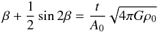 \appendix \setcounter{section}{1} \begin{eqnarray} \beta+\frac{1}{2}\sin2\beta = \frac{t}{A_0}\sqrt{4\pi G\rho_0} \end{eqnarray}