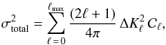 \begin{eqnarray} \label{eq:total_error} \sigma^2_{\mathrm{total}} = \sum_{\ell \,=\, 0}^{\lmax} \frac{(2\ell + 1)}{4\pi} \, \Delta K_{\ell}^2 \, \mathcal{C}_{\ell} , \end{eqnarray}