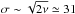 \hbox{$\sigma \sim \sqrt{2\nu} \simeq 31$}