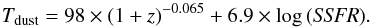\begin{equation} \label{eq:T vs ssfr relation} T_{\rm dust}=98\times(1+z)^{-0.065}+6.9\times{\rm \log\,({\it SSFR})}. \end{equation}