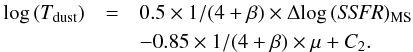 \begin{eqnarray} \label{eq:variation} \log{(T_{\rm dust})}&=&0.5\times1/(4+\beta)\times\Delta{\log\,({\it SSFR}})_{\rm MS} \nonumber\\ && -0.85\times1/(4+\beta)\times\mu+C_2. \end{eqnarray}