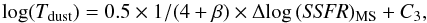 \begin{equation} \label{eq:variation finale} {\rm log(}T_{\rm dust})=0.5\times1/(4+\beta)\times\Delta{\log\,({\it SSFR}})_{\rm MS}+C_3, \end{equation}