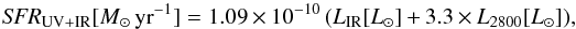 \begin{equation} \label{eq: kennicutt} {\it SFR}_{\rm UV+IR}[M_{\odot}\,{\rm yr}^{-1}]=1.09\times10^{-10}\,(L_{{\rm IR}}[L_{\odot}]+3.3\times L_{2800}[L_{\odot}]), \end{equation}