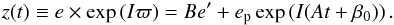 \begin{equation} z(t)\equiv e\times\exp\,(I\varpi)= Be'+e_\mathrm{p}\exp\left(I(At+\beta_0)\right) . \label{eqt} \end{equation}