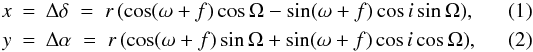 \begin{eqnarray} x & = & \Delta\delta\;=\;r\left(\cos(\omega+f)\cos\Omega-\sin(\omega+f)\cos i\sin\Omega\right)\!,\label{xmodel}\\ y & = & \Delta\alpha\;=\;r\left(\cos(\omega+f)\sin\Omega+\sin(\omega+f)\cos i\cos\Omega\right)\!,\label{ymodel} \end{eqnarray}