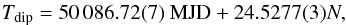 \begin{eqnarray} \label{zerofit_eq} T_{\rm dip} = 50\,086.72(7) {\; \rm MJD}+ 24.5277(3) N, \end{eqnarray}