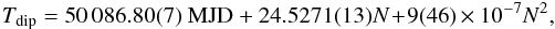 \begin{eqnarray} \label{secondofit_eq} T_{\rm dip} = 50\,086.80(7) \;{\rm MJD} + 24.5271(13) N \! +\!9(46)\times 10^{-7} N^2, \end{eqnarray}