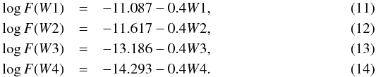 \begin{eqnarray} \log F(W1) &=& -11.087 - 0.4W1, \\ \log F(W2) &=& -11.617 - 0.4W2, \\ \log F(W3) &=& -13.186 - 0.4W3, \\ \log F(W4) &=& -14.293 - 0.4W4. \end{eqnarray}