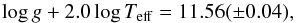 \begin{equation} \log g + 2.0 \log T_{\rm eff}= 11.56(\pm0.04), \end{equation}