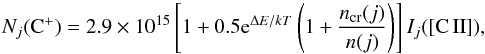 \appendix \setcounter{section}{1} \begin{equation} N_j({\rm C^+}) = 2.9\times10^{15} \left[1+0.5{\rm e}^{{\Delta}E/kT}\left(1+\frac{n_{\rm cr}(j)}{n(j)}\right)\right]I_j([{\rm C\,II}]), \end{equation}