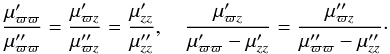 \begin{equation} \label{relmom1} \frac{\mu'_{\varpi \varpi}}{\mu\arcsec_{\varpi \varpi}}=\frac{\mu'_{\varpi z}}{\mu\arcsec_{\varpi z}}= \frac{\mu'_{zz}}{\mu\arcsec_{zz}} , \quad \frac{\mu'_{\varpi z}}{\mu'_{\varpi \varpi}-\mu'_{zz}}=\frac{\mu\arcsec_{\varpi z}}{\mu\arcsec_{\varpi \varpi}-\mu\arcsec_{zz}}\cdot \end{equation}