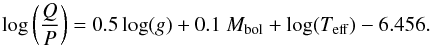 \begin{equation} \log\left(\frac{Q}{P}\right) = 0.5 \log(g) + 0.1\ M_{\rm bol} + \log(T_{\rm eff}) - 6.456 . \end{equation}