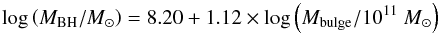 \begin{equation} \log \left( M_\mathrm{BH}/M_\odot \right) = 8.20 + 1.12 \times \log \left( M_\mathrm{bulge}/10^{11}~M_\odot \right) \label{eq:mm-rel} \end{equation}