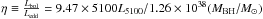 \hbox{$\eta \equiv \frac{L_\mathrm{bol}}{L_\mathrm{edd}} = 9.47\times 5100 L_{5100}/1.26\times 10^{38} (M_\mathrm{BH}/M_\odot)$}