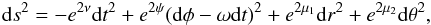 \begin{eqnarray} {\rm d}s^2=-e^{2\nu}{\rm d}t^2+e^{2\psi}({\rm d}\phi-\omega {\rm d}t)^2+e^{2\mu_1}{\rm d}r^2+e^{2\mu_2}{\rm d}\theta^2, \end{eqnarray}
