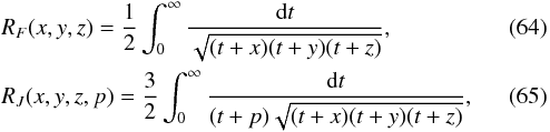 \begin{eqnarray} &&R_F(x,y,z)=\frac{1}{2}\int^\infty_0\frac{{\rm d}t}{\sqrt{(t+x)(t+y)(t+z)}},\\ &&R_J(x,y,z,p)=\frac{3}{2}\int^\infty_0\frac{{\rm d}t}{(t+p)\sqrt{(t+x)(t+y)(t+z)}}, \end{eqnarray}
