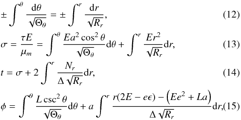 \begin{eqnarray} \label{intrt} &&\pm\int^\theta \frac{{\rm d}\theta}{\sqrt{\Theta_\theta}} = \pm\int^r\frac{{\rm d}r}{\sqrt{R_r}},\\ \label{inttheta}&&\sigma = \frac{\tau E}{\mu_m} = \int^\theta \frac{E a^2\cos^2\theta}{\sqrt{\Theta_\theta}}{\rm d}\theta + \int^r\frac{E r^2}{\sqrt{R_r}}{\rm d}r,\\ \label{intt}&&t = \sigma + 2\int^r\frac{N_r}{\Delta\sqrt{R_r}}{\rm d}r,\\ \label{intphi}&&\phi = \int^\theta \frac{L\csc^2\theta}{\sqrt{\Theta_\theta}}{\rm d}\theta + a\int^r\frac{r(2E-e\epsilon)-\left(Ee^2+La\right)}{\Delta\sqrt{R_r}}{\rm d}r, \end{eqnarray}