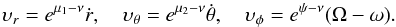 \begin{eqnarray} \label{v_vs_dot_v}\upsilon_{r}=e^{\mu_1-\nu}\dot{r},\quad\upsilon_{\theta}=e^{\mu_2-\nu}\dot{\theta}, \quad\upsilon_{\phi}=e^{\psi-\nu}(\Omega-\omega). \end{eqnarray}